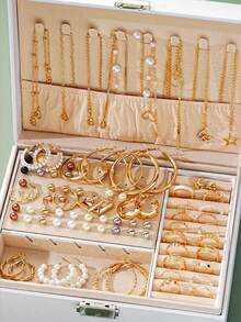 86 件/套优雅人造珍珠耳环，多层项链，耳环，戒指 4 合 1 首饰套装，适合女孩、日常佩戴、通勤的理想礼物（无盒） - 金黃色 - 查看 11