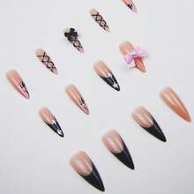 24 Pcs Halloween Long Almond Press On Nails Stiletto Acrylic Fake Nails With Black Line Designs Purple Gradient Nails Press Ons Full Cover False Nails Reusable Stick On Nails For Women Girls,17114490 - 霧霾藍 - 查看 5