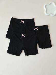 3 Pairs Kids Basic Ruffle Trim Bow Thin Opaque Tights, Cute & Sweet