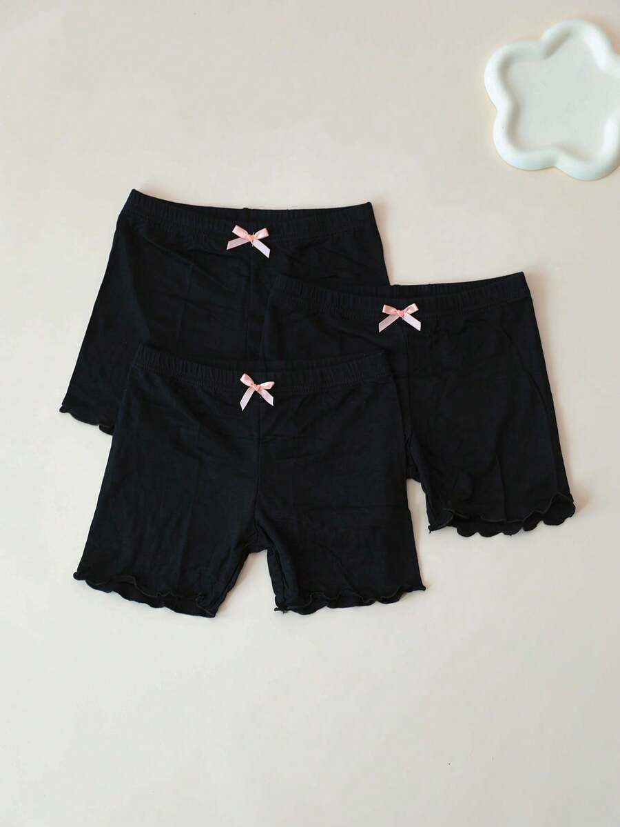 3 Pairs Kids Basic Ruffle Trim Bow Thin Opaque Tights, Cute & Sweet