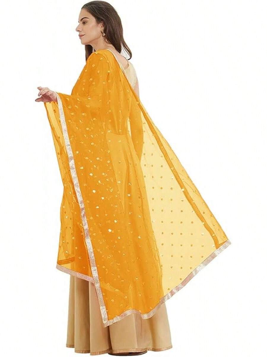 Woman's Embellished Net Dupatta Scarf Shawl Wrap Soft Bridal Wedding - 芥末黃 - 查看 1