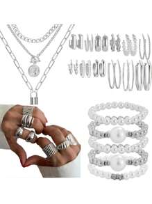 68/58/35pcs Vintage  Elegant And Sophisticated Faux Pearl, Bowknot, Stars, Moon, Rhinestone, Wide Copper Hoop, Snake Bone Chain, Twist Chain, Geometric Wide C-Shape Earrings, Earrings Clip, Necklace, Bracelet Jewelry Set For Holiday, Party, Date