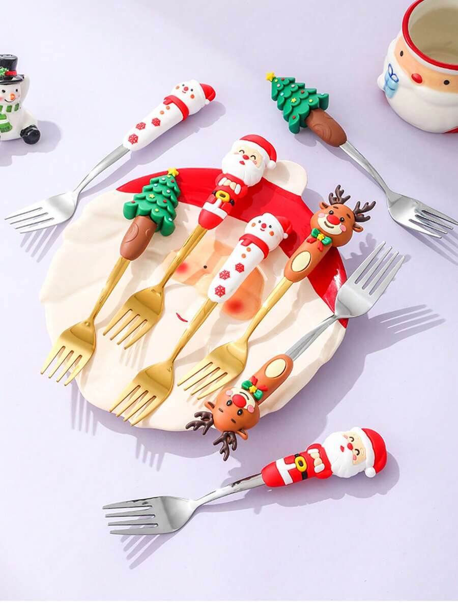 1 set de vaisselle pour fête de Noël, set de cuillère et fourchette en acier inoxydable avec personnages de Noël, 4 pièces de cuillère et fourchette à fruits en acier inoxydable créatives