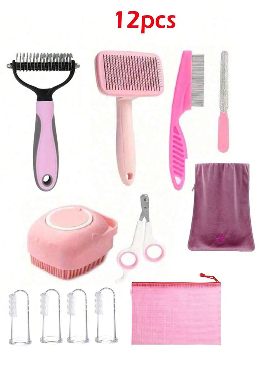 Set Of 8 Dog Grooming Tools, Pet Self-Cleaning Kit, With Pet Nail Clippers And File, Flea Comb, Pet Shampoo Bath Brush, Pet Shedding Brush, Pet Hair Removal Comb, Silicone Toothbrush - Multicolor - View 1