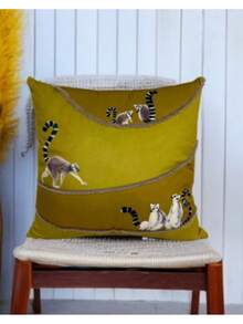 Green Monkey Pattern Striped Embroidered Decorative Cushion Cover – 45x45 Cm – Playful, Soft & Stylish – Made In Turkey - Green - View 1