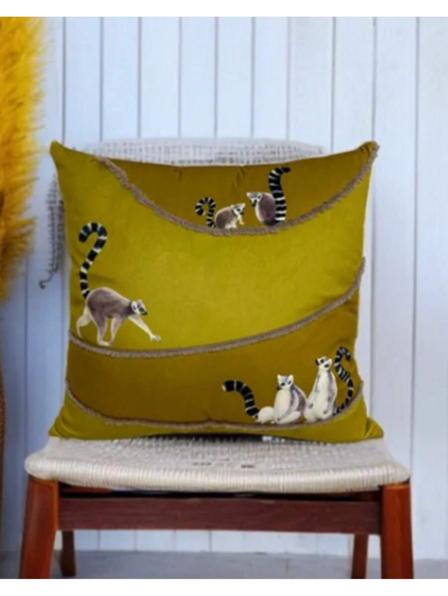 Green Monkey Pattern Striped Embroidered Decorative Cushion Cover – 45x45 Cm – Playful, Soft & Stylish – Made In Turkey - Green - View 1