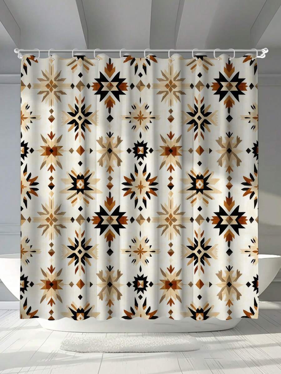 1 قطعة ستارة دش مقاومة للعفن والماء مطبوعة رقميًا بتصميم هندسي بسيط لقطة في حوض الاستحمام، مع 12 خطاف بلاستيكي وحلقات معدنية، إكسسوار حمام متين وقوي - متعدد الألوان - مشاهدة 1