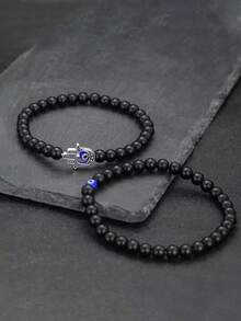 YAUKIA 邪恶之眼天然黑玛瑙珠弹力男女通用手链力量保护勇气 - 6 毫米简约精致堆叠手链珠宝 - 黑色 - 查看 2