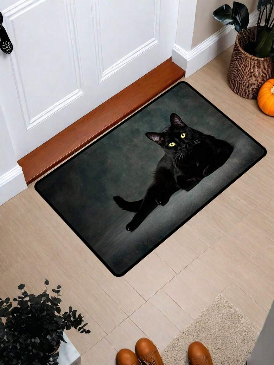 1 件黑色猫咪印花毛绒地毯，水晶绒材质，适用于浴室、厨房、客厅、门廊、阳台等家居装饰，秋季/感恩节/万圣节装饰 - 彩色 - 查看 1