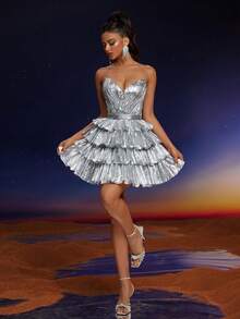 Váy dạ hội thời trang gợi cảm Anymoon, viền nhiều lớp không dây, thích hợp cho các lễ hội âm nhạc, lễ tốt nghiệp, tiệc về quê, tiệc tùng, tiệc cocktail và nhiều hơn nữa - Màu Xám nhạt - Xem 3