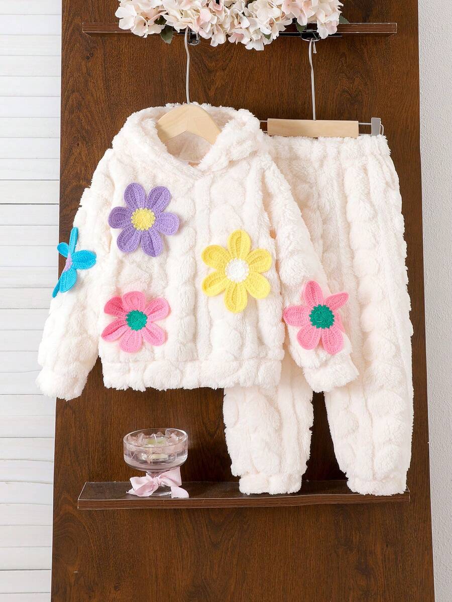 2pcs Young Girls Casual Cute 3D Floral Plush Hooded Long Sleeve Top And Jogger Pants Set, Autumn/Winter - Apricot - View 1