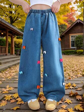 Girls' Pants, 2025 New Autumn Wide Leg Jeans For Children, Big Tween Girl, Cute Bow Decor, Straight Leg, Spring & Autumn