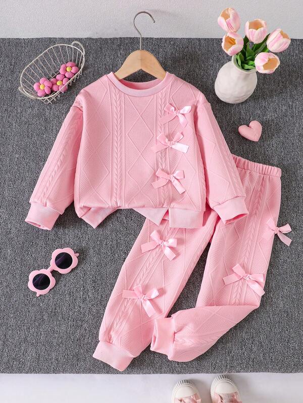 Mädchen Herbst/Winter Mode süßer rosa Rundhals Pullover mit gerippten Manschetten & Saum Schlitz Design, locker geschnitten, weicher Stoff, rosa Schleife Dekor, passende Hose mit elastischem Bund und Kordelzug, 2 Stücke Set