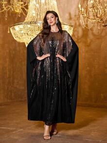 UNITHORSE [Random Cut] Round Neck Batwing Sleeve Ombre Sequin Patchwork Evening Gown, Arabic Style Dress - Black - View 3