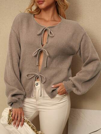 [上衣] 纯色扭花前长袖开衫，极简主义，办公室穿着，复古，简单，法式风格，女士前系腰带纯色针织开衫，可穿在衬衫外面，超大可爱开衫