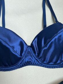 公主风格宝石蓝色拼布性感诱惑文胸和性感丁字裤套装，外出必备