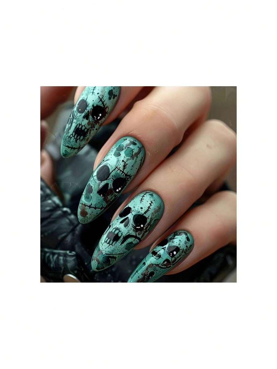 Halloween Press On Nails Long Almond Gradient Aqua Green Halloween Fake Nails Black Skeleton False Nail Horrible Goth Nails Press Ons For Women Nail Art DIY 24Pcs,17114483 - Cà phê nâu - Xem 1