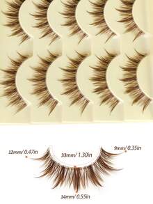 Rikuaild 5 Pairs Cartoon Style False Eyelashes, Brown, Anime Style, Natural Thin & Soft Brown Lash Extension, Reusable Transparent Band, Natural Japanese & Korean Style False Lashes, Strip Eyelashes - 尖尾漫畫款 - 查看 4