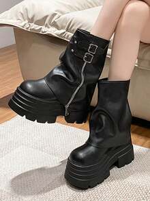 Punk 10cm Platform Tube Boots, New 2025 Women Short Boots, Small Size Heighten Cylinder Boots, British Style - Black - View 7