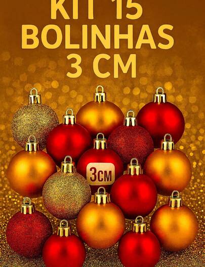Kit 15 Bolinhas De Natal 3cm Fosca Glitter Lisa Enfeites Decoração Arvore de Natal vermelho dourada