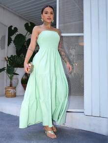 Look Of Millions!!! Long Strapless Dress With Floral Print - Mint Green - View 6