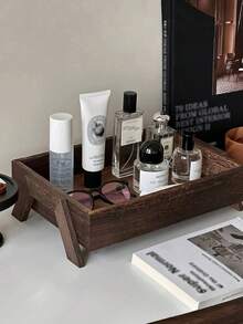 1pc Elegant Wooden Desktop Makeup Organizer Tray, Chinese Retro Style Table Top Storage Rack Travel Storage Organizer Sun Travel Cool, Room Decor - Brown - View 4