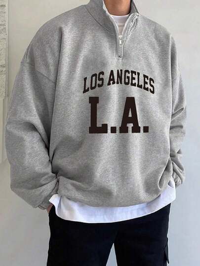 Herren Sweatshirt in Große Größen mit Los Angeles Aufdruck, Reißverschluss, lässiger Schnitt, Loose Fit, Langarm, Herbst/Winter