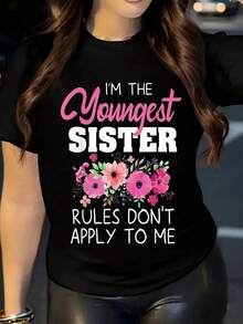 Ladies' T-shirt, printed with the letters' Fashion Young Sister 'floral print, the new ladies' printed round neck short sleeved casual T-shirt is suitable for all seasons. - Negro - Ver 1