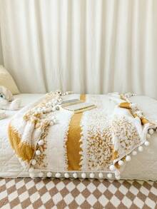 1 件双色条纹图案盖毯，温暖、柔软、舒适，饰有流苏，适合家居装饰、床、沙发、办公室、房间、宿舍，可机洗，适合春、秋、夏季 - 黃色 - 查看 6