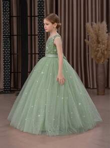 少女亮片3D蝴蝶结薄纱派对礼服，薄荷绿优雅长裙，适合女孩生日派对、舞会、婚礼、感恩节、毕业典礼等场合。 - 薄荷綠 - 查看 5