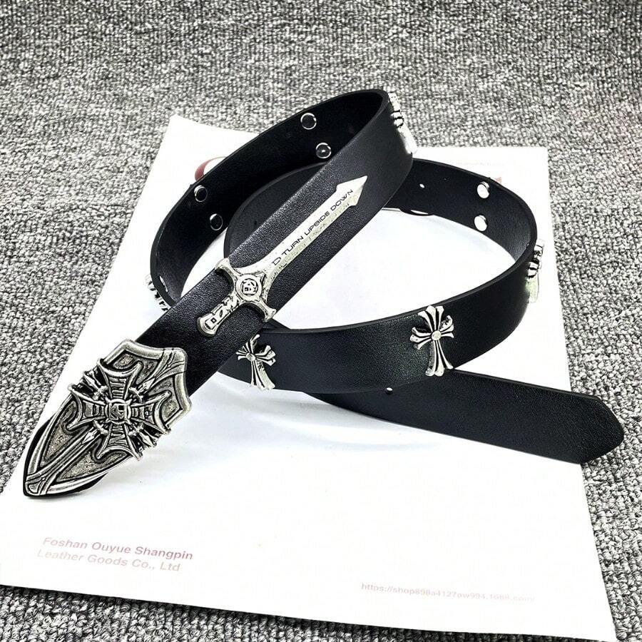 2025 Medieval Sword And Shield Belt For Men, PU Leather Vintage Punk Waistband With Cross Motifs, Western Cowboy Gothic Style - [8十字]劍盾經典腰帶 - 查看 1