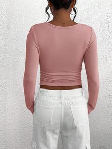 Women's Autumn Long-Sleeved Henry Shirt T-Shirt Button Ribbed Knit Fashion Tight Basic Top Shirt - Xám hồng - Xem 6