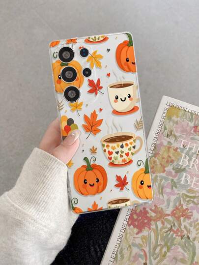1pc Creative Autumn Maple Leaf, Coffee, Pumpkin, Heart Pattern Transparent Soft TPU Phone Case, Anti-Scratch, Anti-Fingerprint, Camera Lens Protection, Compatible With Apple, Nothing, Pixel, INFINIX, Redmi
