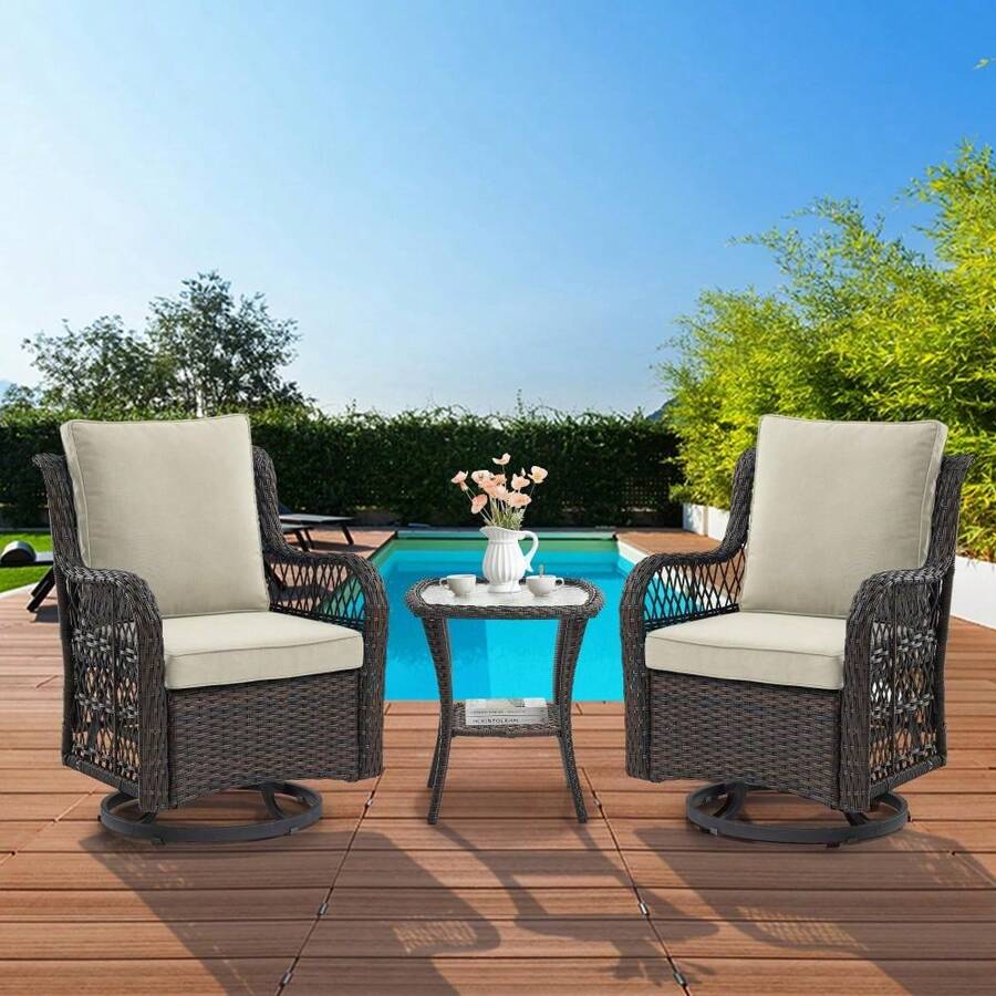 Huisuilinss Outdoor Swivel Rocker Chair,360-Degree Swivel Rocking Chair Set,3 Pieces Patio Furniture Set,Wicker Swivel Rocker Patio Chair With Rattan Side Table,Cushions And Support Back For Patio Porch Pool - Brown beige - View 1
