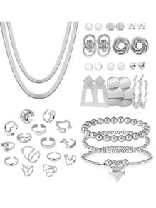 68/58/35pcs Vintage  Elegant And Sophisticated Faux Pearl, Bowknot, Stars, Moon, Rhinestone, Wide Copper Hoop, Snake Bone Chain, Twist Chain, Geometric Wide C-Shape Earrings, Earrings Clip, Necklace, Bracelet Jewelry Set For Holiday, Party, Date