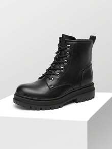 Wide Fit Lace-Up Combat Boots Ankle Booties For Women - màu đen - Xem 4