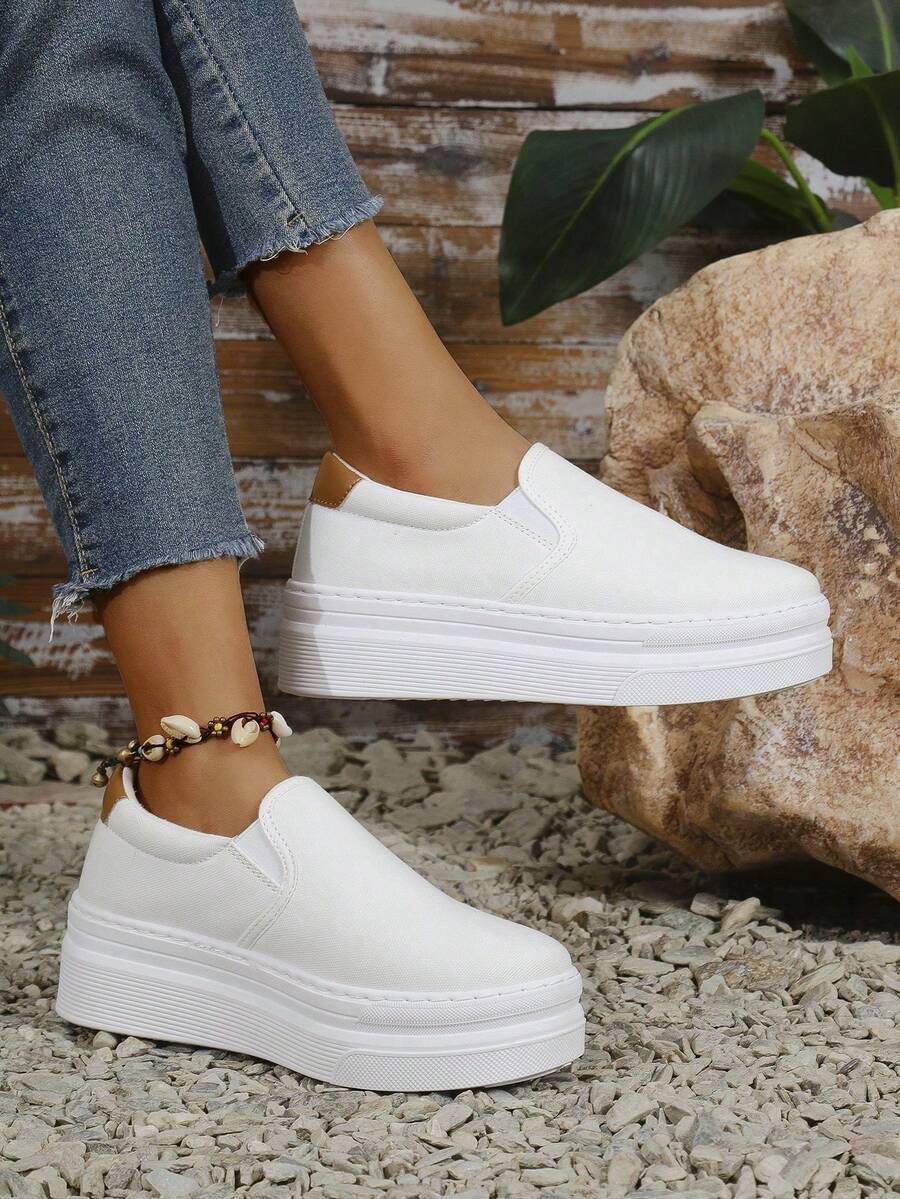 女士厚底休闲帆布运动鞋，时尚百搭休闲鞋，步行鞋 - 白色 - 查看 1