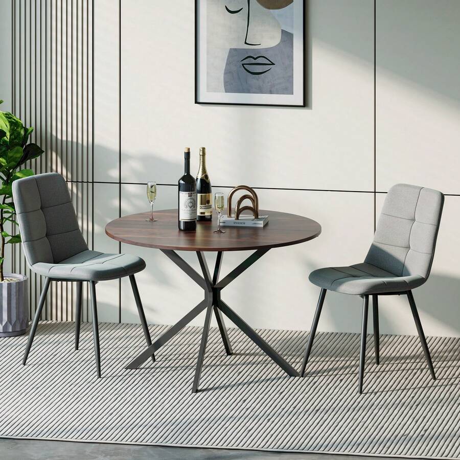 Dining Table And Chairs Set Of 2, Brown Folding Round Dining Table With 2 Grey Linen Fabric Chairs For Dining Room, Kitchen, Living Room