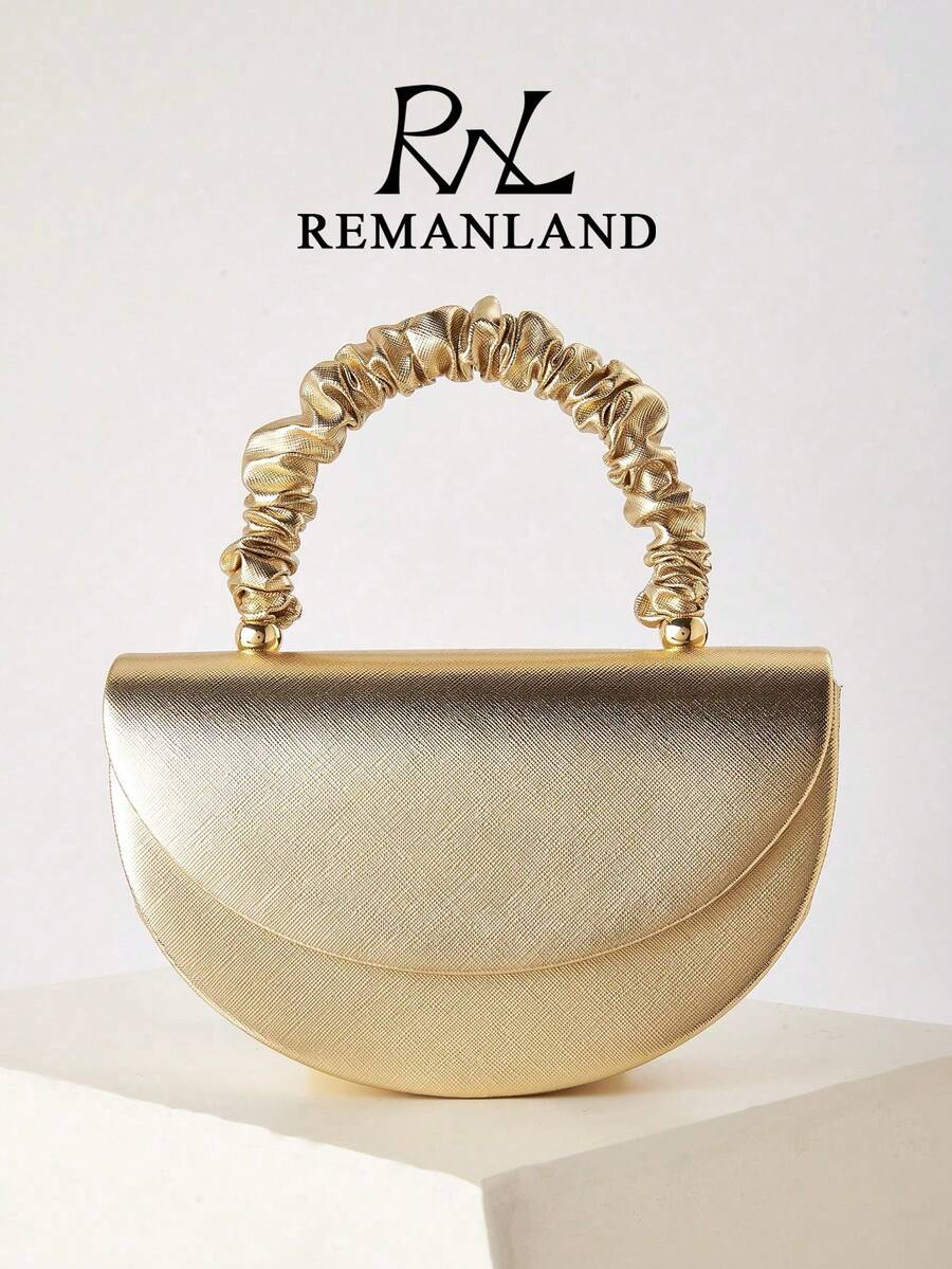 REMANLAND 優雅奢華 PU 女款手提包，皺褶金色手柄，時尚小肩背包，適合女性參加派對、婚禮、晚宴、正式場合。這款包包是派對女孩和女性的理想選擇，也是送給女性的完美禮物。