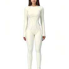 Women's Long Sleeve Fitted One-Piece Activewear Jumpsuit With Contoured Stitching And Open Back Design - 白色 - 查看 1