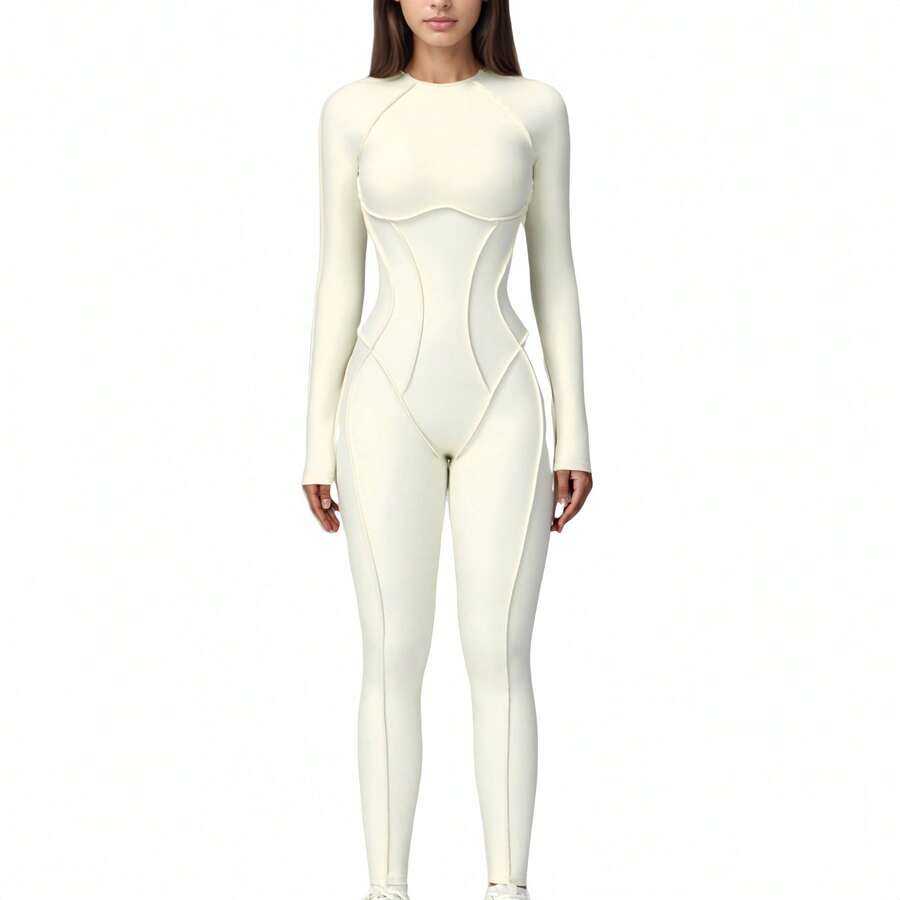 Women's Long Sleeve Fitted One-Piece Activewear Jumpsuit With Contoured Stitching And Open Back Design - 白色 - 查看 1