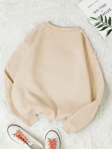 1 件女孩甜美可爱风格卡通珍珠奶茶印花圆领运动衫，柔软舒适，春秋日常休闲装 - 杏色 - 查看 3