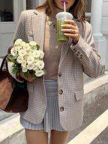 GLOpass Women's H-Shaped New Plaid Double-Layer Long Sleeve Loose Blazer Casual Versatile Jacket, Single-Breasted Design, Elegant Office Commuter Wear, Casual Jacket Top