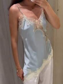 Women Y2k Satin Silk Lace Pachwork Tops Asymmetrical Dress Spaghetti Strap Cami Dress Sleeveless V Neck Open Back Camisole Tops Backless Dress Casual Club Streetwear Fairy Aesthetic Clothes - Màu xanh lam - Xem 1
