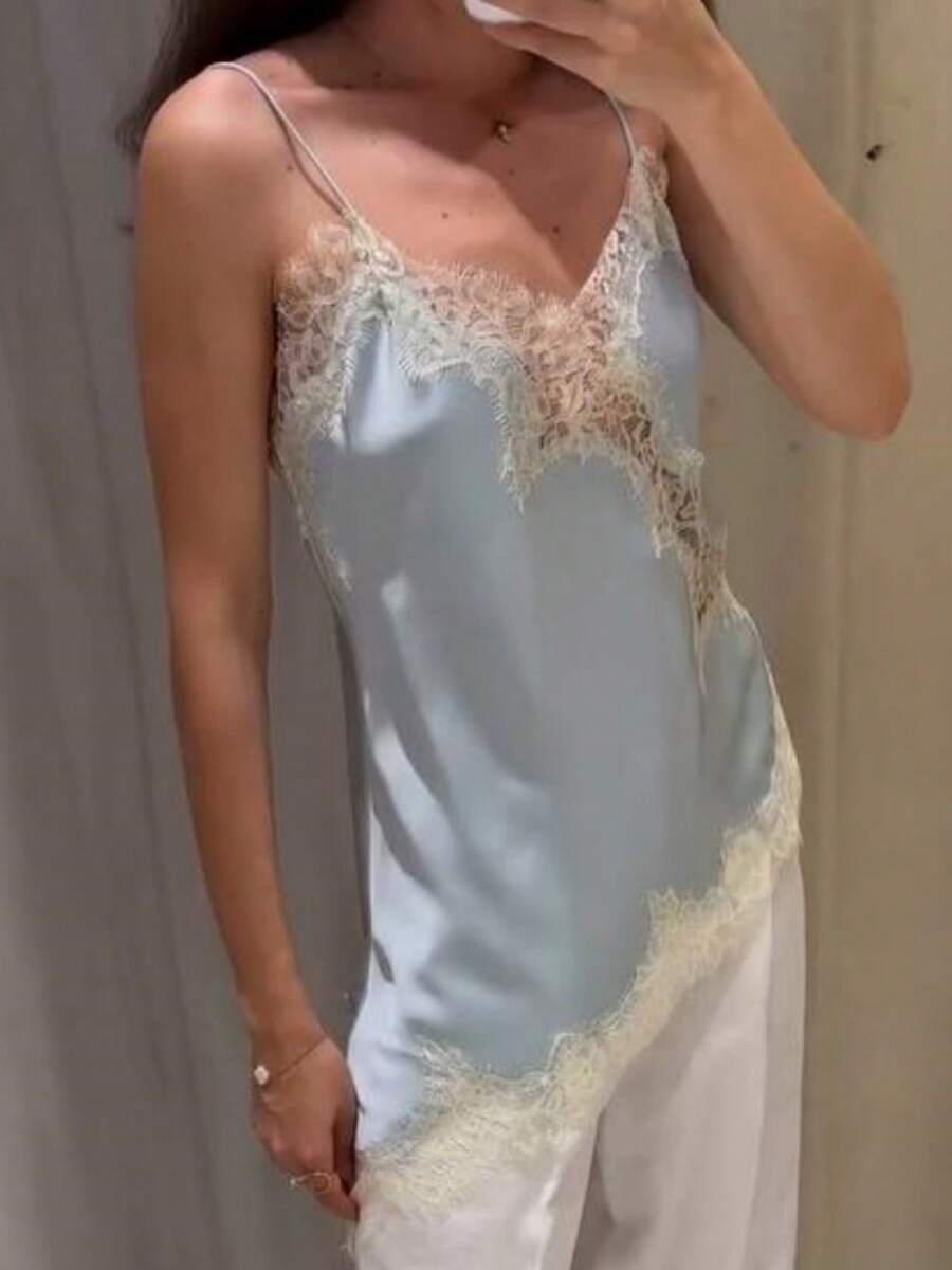 Women Y2k Satin Silk Lace Pachwork Tops Asymmetrical Dress Spaghetti Strap Cami Dress Sleeveless V Neck Open Back Camisole Tops Backless Dress Casual Club Streetwear Fairy Aesthetic Clothes - Màu xanh lam - Xem 1