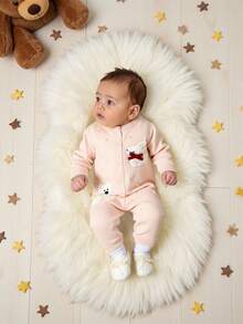 女婴休闲优雅连体裤，带有狗和熊图案，舒适的针织连体裤，适合婴儿日常穿着、外出和旅行，春秋季 - 珊瑚粉 - 查看 8