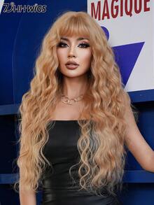 7JHH WIGS Dark Blonde Wig Loose Extra Long Wavy Wigs For Women, Bronze Golden Synthetic Wave Curly Wig With Bangs, Silky Soft Heat Resistant Fiber Hair For Daily Wear, Music Festivals Celebrations Party Use 30 Inch - 黃色 - 查看 4