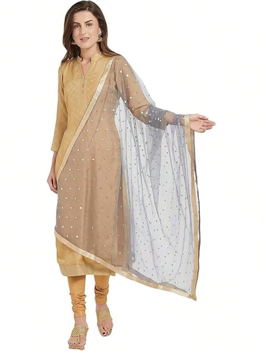 Woman's Embellished Net Dupatta Scarf Shawl Wrap Soft Bridal Wedding - Grey - View 1