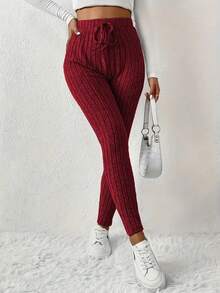 Women's High-Rise Slim Fit Ribbed Knit Pants - Elastic Elastic Band Faux Cord Detail, Solid Color, All-Season Machine Washable, Casual Home & Dressy, High-Rise Pants, Versatile & Elegant Fabric - Đỏ - Xem 2