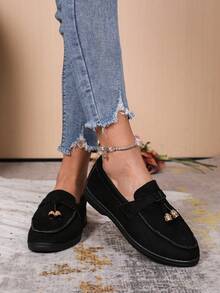 Nouvelles chaussures plates pour femmes de couleur unie, avec décoration de nœud papillon. Chaussures plates élégantes pour le port intérieur et extérieur, automne/hiver - Noir - Voir 4